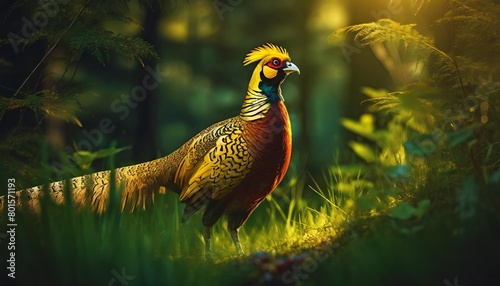 golden pheasant chrysolophus pictus in green nature photo