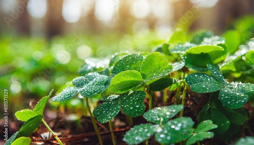 morning in the forest fresh shoots shamrock in dew drops forest sour green background nature
