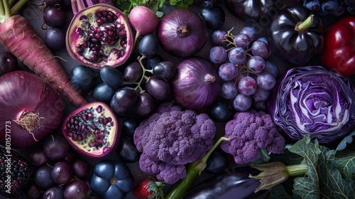 Assortment of different purple fruit and vegetable.