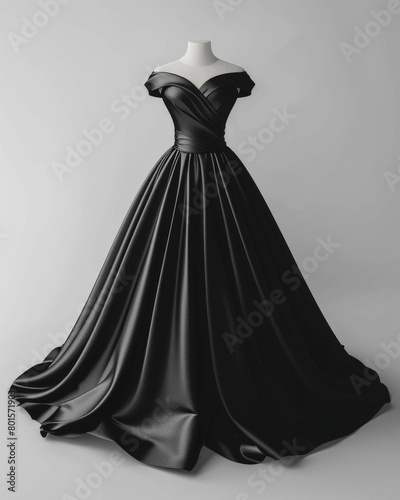 Beautiful luxury women's dress, front view ad mockup, isolated on a white and gray background.