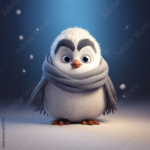 Cute cartoon penguin with a red scarf and a hat on light background. Christmas illustration in 3D style. Winter landscape. 