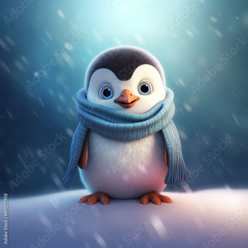 Cute cartoon penguin with a blue scarf on light blue background. Christmas illustration in 3D style. Winter landscape. 