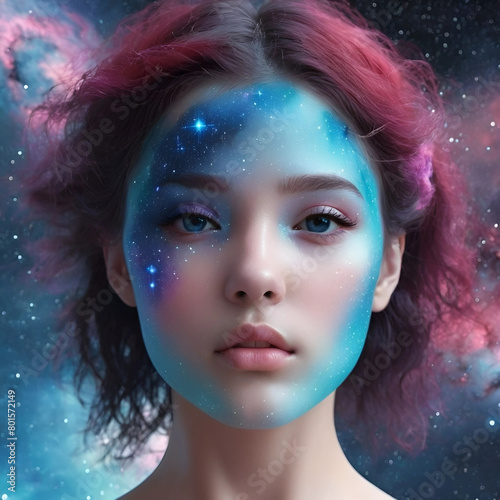 Portrait of a young woman with short red hair and blue eyes with an artfully painted blue-turquoise face and glitter like stars - in front of cosmic background with stars