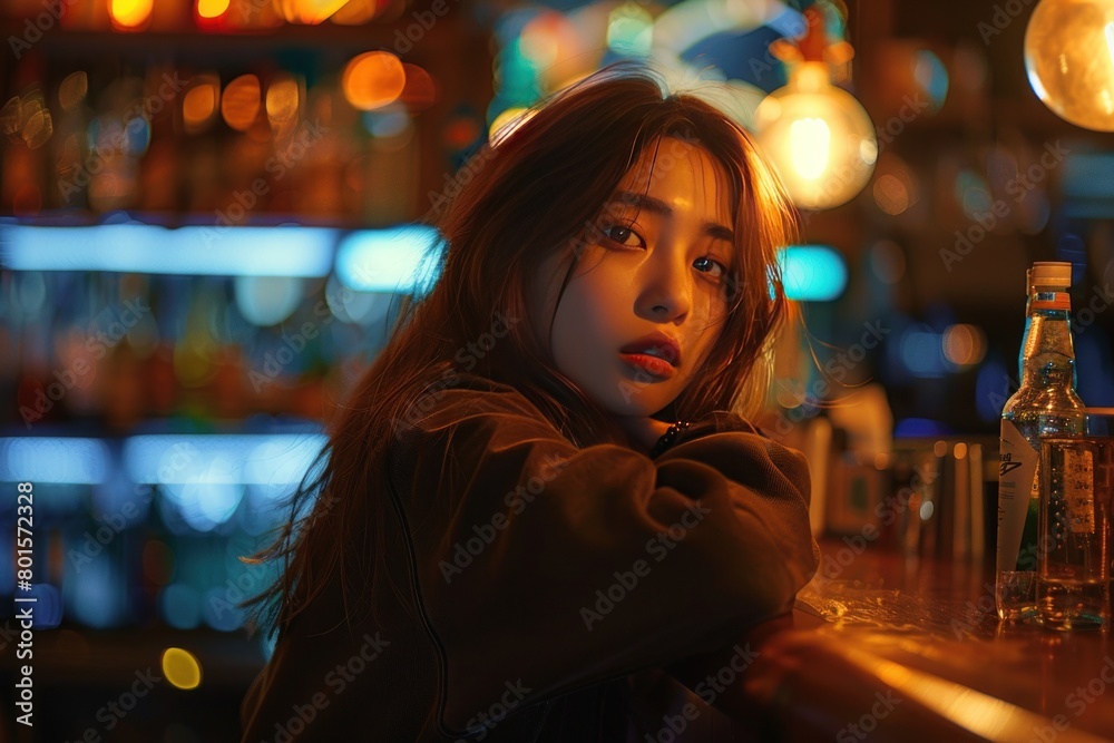 A woman is sitting at a bar with a bottle of liquor in front of her A woman is sitting at a bar with a bottle of liquor in front of her