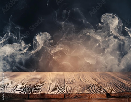 Misty Smoke Rising Over Rustic Wooden Table on Dark Grunge Background