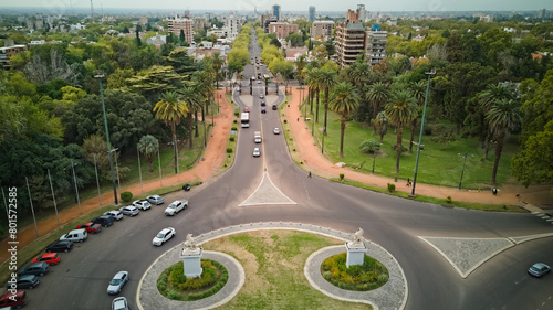 Roundabout in Park San Martin, in Mendoza, Argentina. Aerial view.