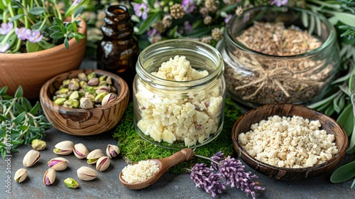  A table with various flower jars, seed jars, and herb jars arranged neatly