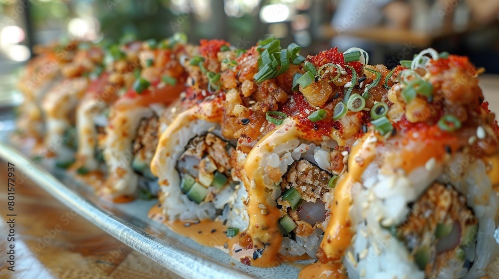 Sushi rolls on a white plate with sauce and green onions Sushi rolls on a white plate with sauce and green onions