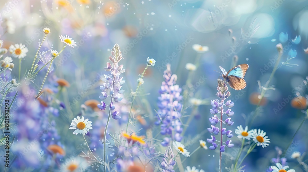 Gorgeous wildflowers including chamomiles and purple wild peas, along with a butterfly, captured up close in the morning mist. This macro nature shot is in a wide format with ample copy space