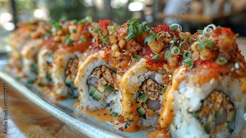  Sushi rolls on a white plate with sauce and green onions