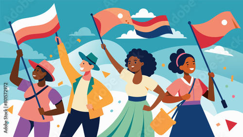The sound of uplifting freedom songs echoes through the streets as a parade of people march through the town proudly carrying banners and flags that. Vector illustration