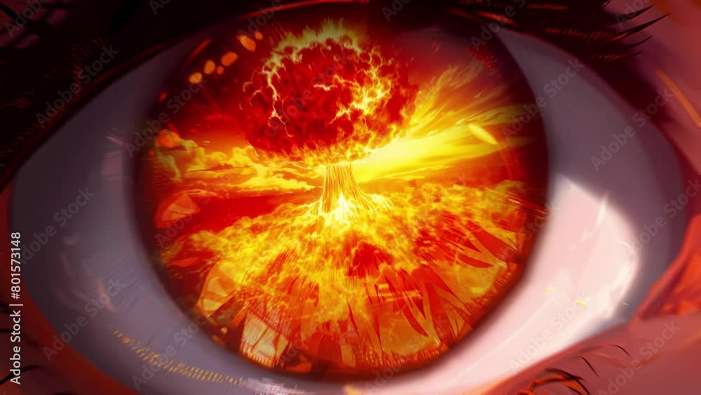Nuclear explosion in the reflection of the pupil close-up of an anime character