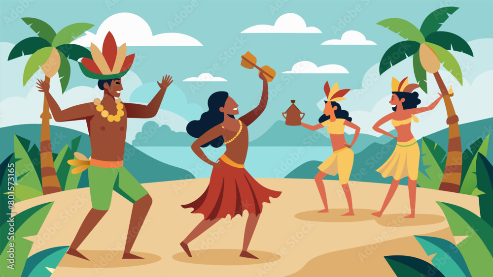 A group of natives on a tropical island perform a ceremonial dance mimicking the movements of their ancestors ancient martial art.