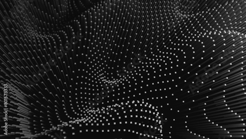 Abstract geometric curved area of ​​small bars Distorted space with 3D texture of dark, black and white space. 3D rendering.