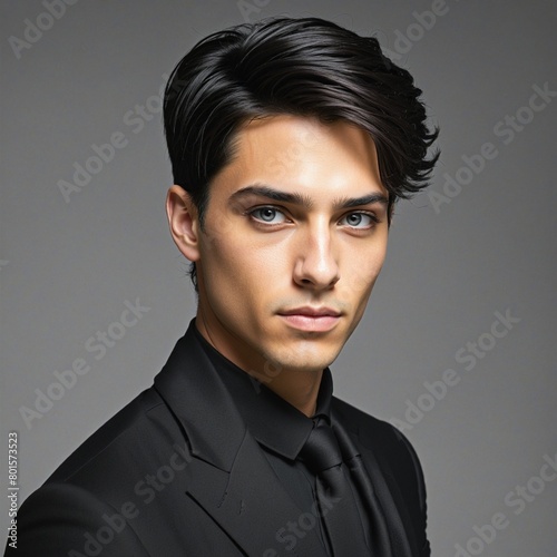 Illustrated Vector Portrait of a Smiling Young Man with a Mixed Race Ethnic Background and Trendy Hairstyle in Monochrome Linear Style