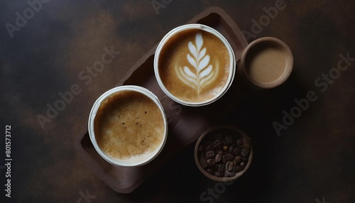coffee in paper cups lay flat on a dark brown background view from above disposable tableware take out drinks