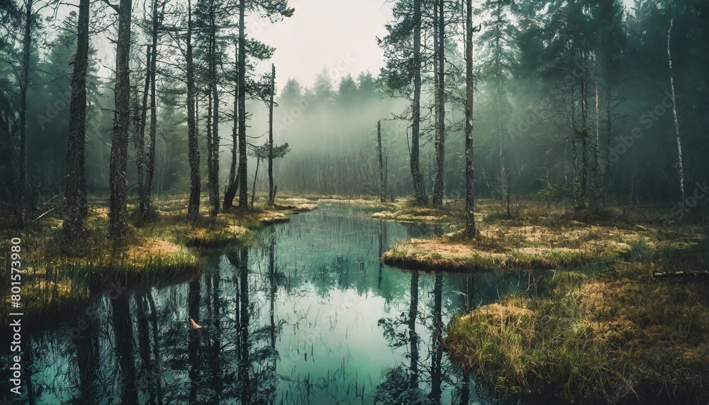 panoramic view of empty misty swamp in the moody forest with copy space