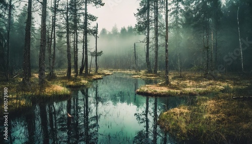 panoramic view of empty misty swamp in the moody forest with copy space