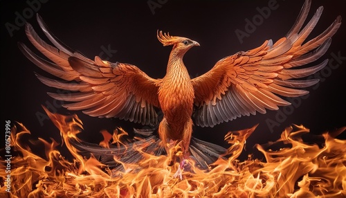 illustration of a phoenix in fire symbol of rebirth fenix with burning wings and feathers firebird on black background generative ai © Tomas