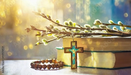 christian rosary cross biblical books and willow branches on table abstract light background orthodox palm sunday easter holiday symbol of christianity lent faith in god church copy space