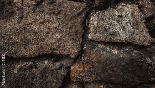 a detailed closeup of a cracked stone wall revealing a beautiful pattern of earth tones resembling bedrock in the darkness of the landscape photo