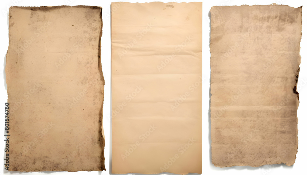 create a High Quality, 3 Old worn paper sheet ,on white background