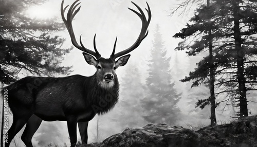 a black and white painting of a deer with majestic horns in a forest landscape