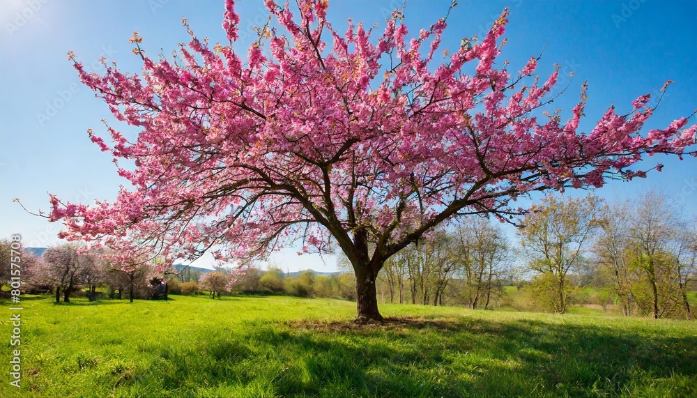 beautiful spring nature scene with pink blooming tree