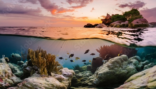 long banner with underwater world and vivid sunset sky transparent deep water of the ocean or sea with rocks fish and plants