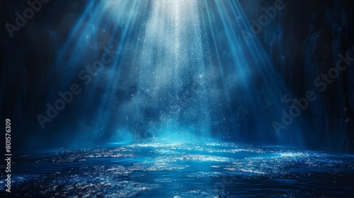 Modern illustration of a spotlight background. Illuminated blue stage. Divine radiance, god. A backdrop for displaying products. Shimmering glittering particles, a spot of light.