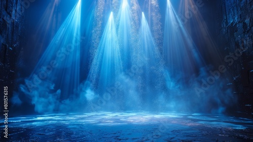 Illuminated blue stage background. Divine radiance  God. Background for displaying products. Bright beams of spotlights  glittering particles  a point of light.