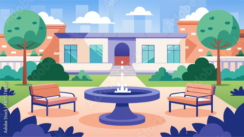 A peaceful courtyard with comfortable benches and a soothing fountain providing employees with a quiet and serene outdoor space to decompress during. Vector illustration