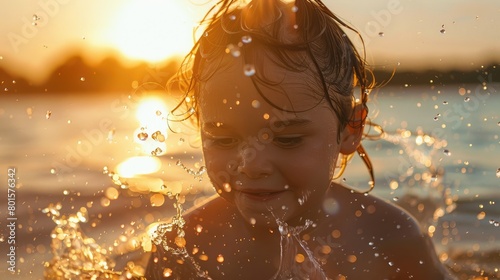 A young girl is happily swimming in the liquid landscape of the ocean at sunset, enjoying the fluid motions and reflections on the waters surface AIG50