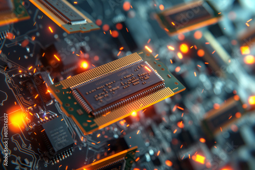 electronic circuit board with processor, Immerse yourself in the digital realm with this captivating visual featuring the flying parts of a computer's memory, focusing on dynamic random-access memory 