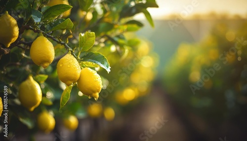 lemon tree with ripe fresh yellow lemons and dew drops on blurred citrus fruit farm agriculture background closeup design copy space for text non gmo and organic products concept
