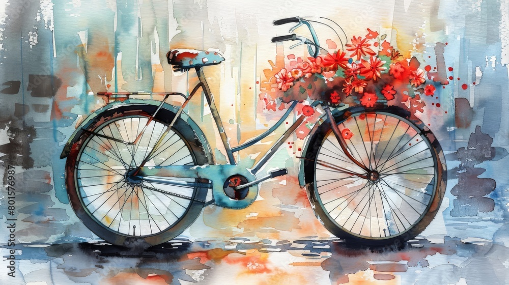 A watercolor painting of a bicycle with a basket full of red flowers. The background is a wash of light blue and yellow.
