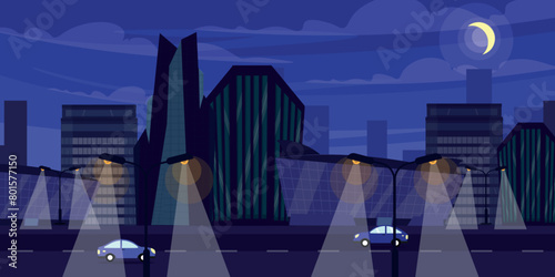 Vector illustration of an evening cityscape. Cartoon scene of the incredible evening landscape of modern city with futuristic houses, roads, cars, sidewalks, moon in dark sky, street lamps with light.