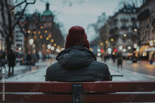 A lonely man sits on a bench in the city center photo