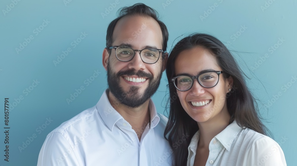 Portrait of Smiling Couple on Blue. Generative AI. Portrait of Smiling Couple on Blue. Generative AI.