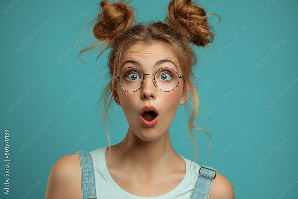 Naklejka premium Startled woman in overalls with hair buns