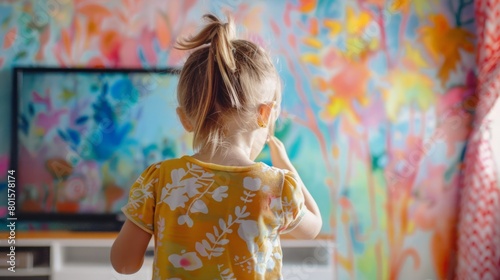 A young female child stands in front of a colorful painting, looking closely at the details. photo