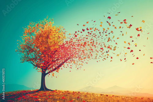 Leaves are flying off a tree, yellow and red leaves are falling from a lone tree © ninakosh