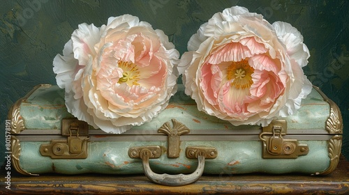  A detailed image of a suitcase with two vibrant flowers positioned atop it, along with a hooks placed precisely in the center