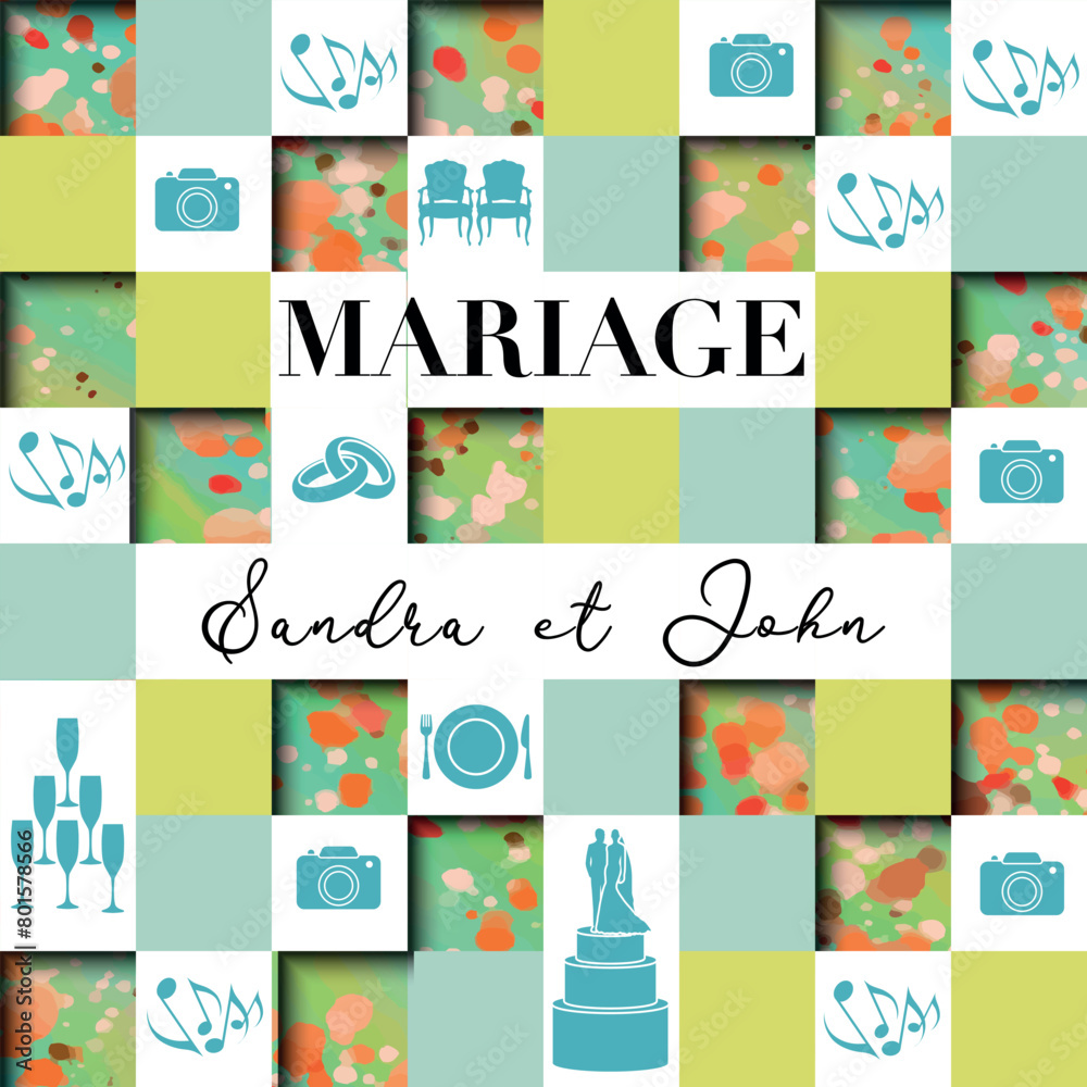 Carte pour un mariage avec de multiple carrés en relief sur un fond printanier et avec des pictogrammes symbolisant les festivités - Texte Français, traduction : mariage.