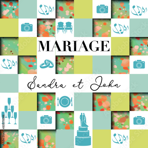 Carte pour un mariage avec de multiple carrés en relief sur un fond printanier et avec des pictogrammes symbolisant les festivités - Texte Français, traduction : mariage.