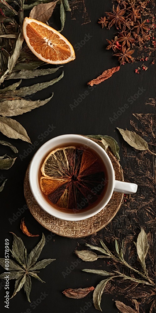 Cup of aromatic tea with spices, herbs, dried fruit orange slices. Top view. Generated AI