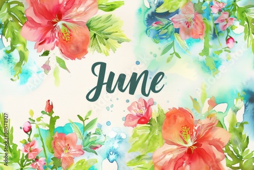 watercolor text "June" on water color floral background Generative AI