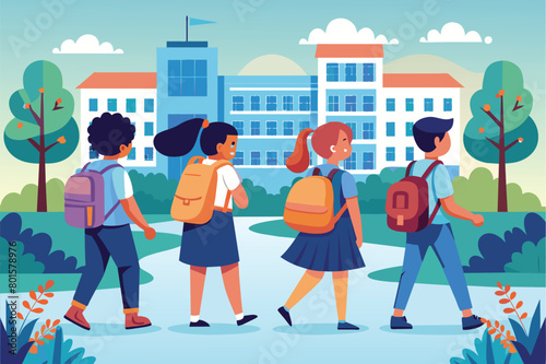 Happy Diverse School Children Walking to School with Backpacks