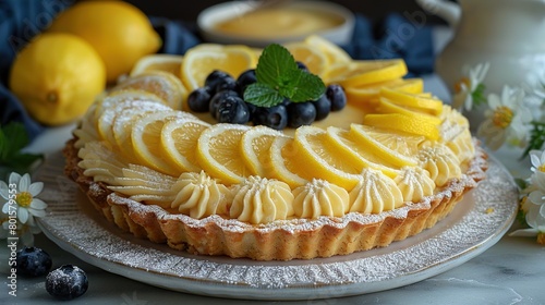   A cake with lemons, blueberries, and lemon slices on a plate surrounded by flowers and lemons