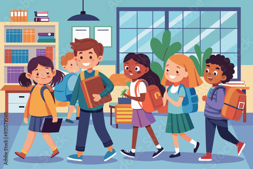 Happy diverse school children walking in classroom hallway